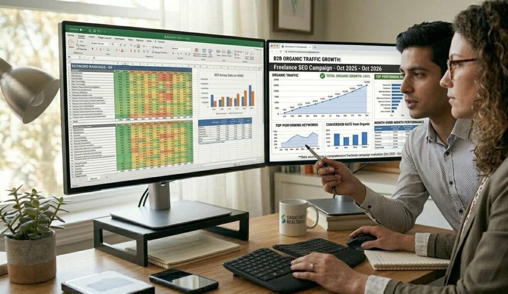 A B2B marketing manager reviewing an SEO performance report from a freelance SEO practitioner showing organic traffic growth over twelve months