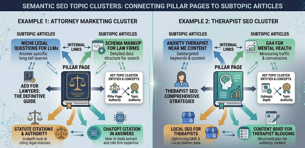A diagram showing how semantic SEO topic clusters connect a pillar page to subtopic articles through internal links