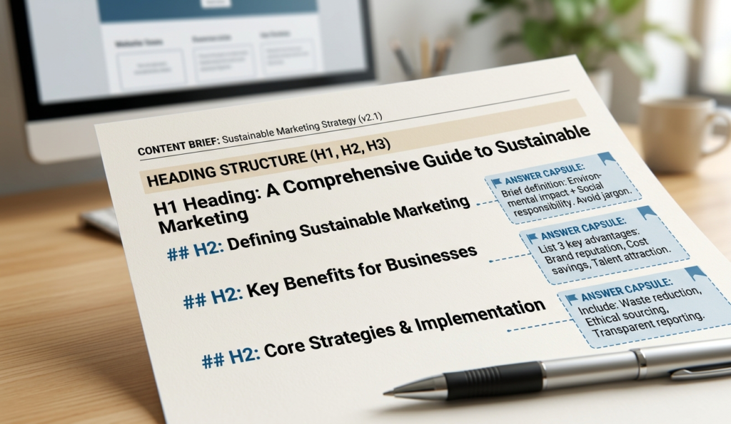 Close-up of a content brief heading structure section showing pre-written H2 headings with answer capsule notes flagged beside each
