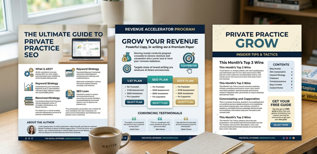 Three printed documents laid out on a desk: a blog post, a sales page and a newsletter representing the three main freelance writing disciplines