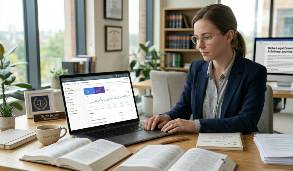 A solo attorney working on a legal blog post at a desk with legal reference books open and a laptop displaying Google Search Console