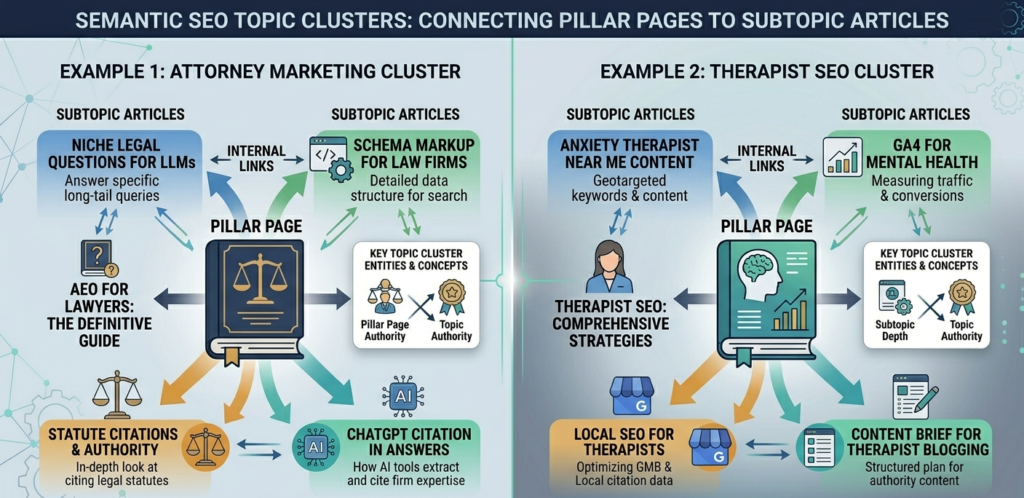 A diagram showing how semantic SEO topic clusters connect a pillar page to subtopic articles through internal links