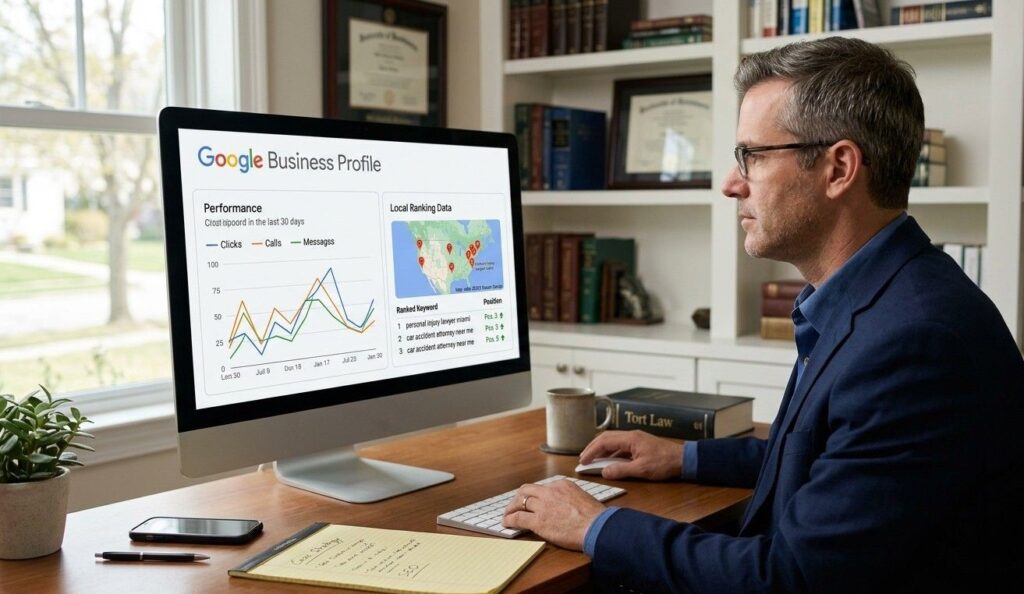 A solo personal injury attorney working at a desktop monitor displaying Google Business Profile analytics and local ranking data