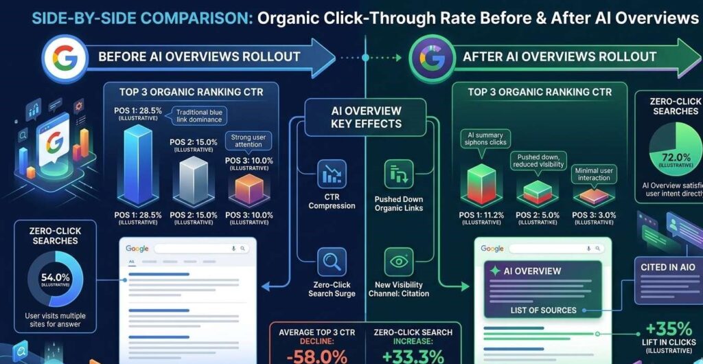 A side-by-side comparison chart showing organic click-through rate before and after AI Overviews rolled out in search results