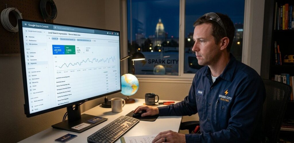 An electrician at a desk reviewing Google Search Console data showing local search impressions for home service keywords in his city