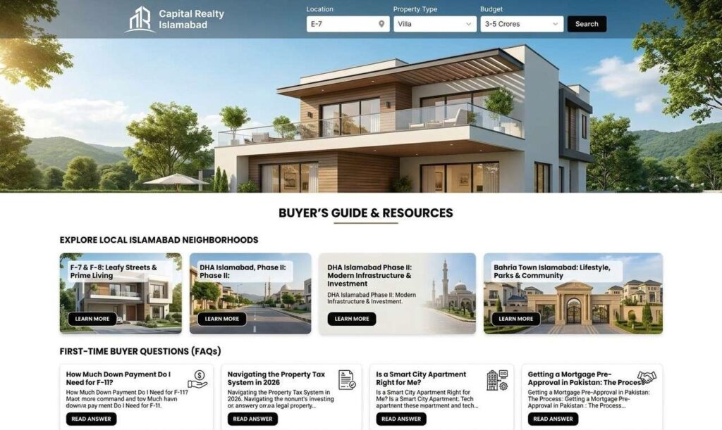 A real estate website homepage showing buyer guide blog posts for local neighborhood searches and first-time buyer questions