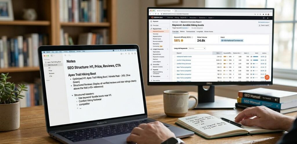A content writer reviewing ecommerce SEO product page structure notes on a laptop with a Semrush keyword report visible on a second screen