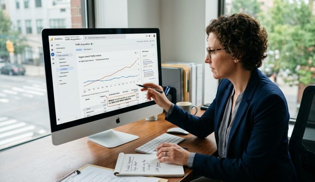 A business owner reviewing zero click search impact on a GA4 traffic report showing flat organic sessions alongside rising branded search volume