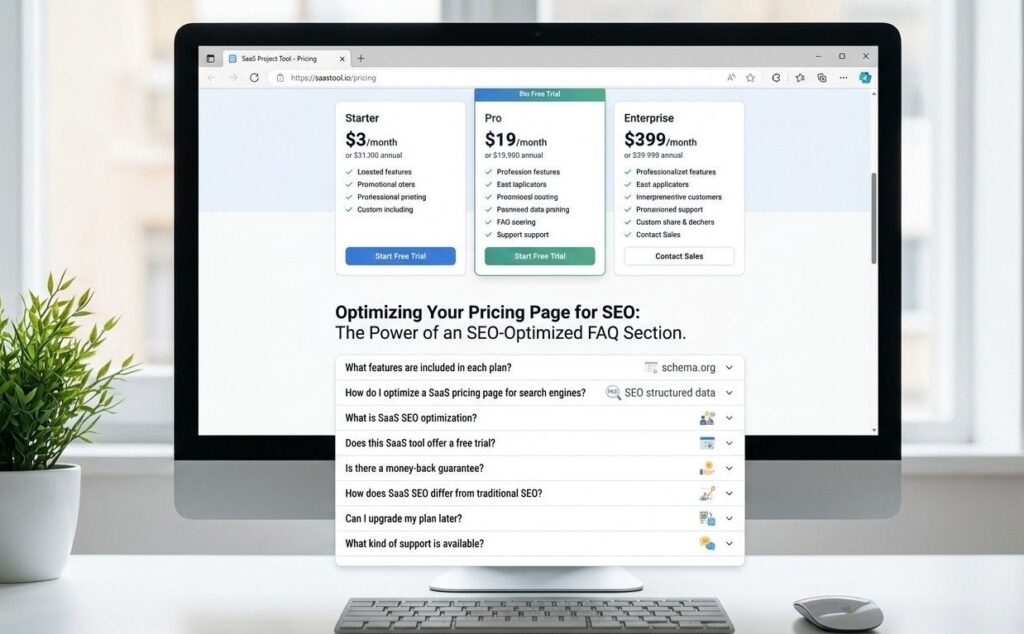 A SaaS pricing page open in a browser with a visible FAQ section below the pricing tiers designed for SaaS SEO optimization
