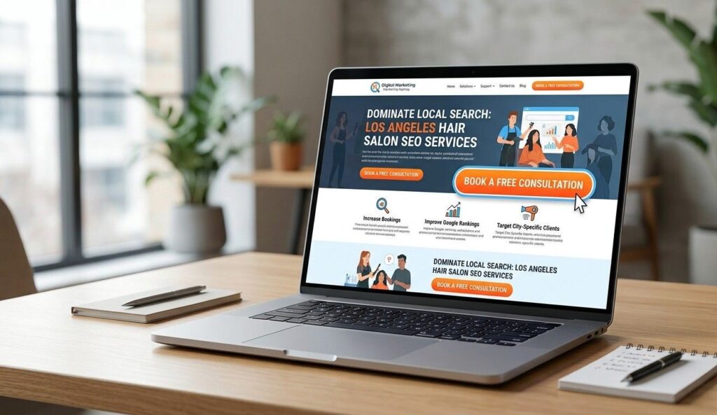 A hair salon SEO service page on a laptop showing a city-specific keyword in the page title alongside a visible booking button