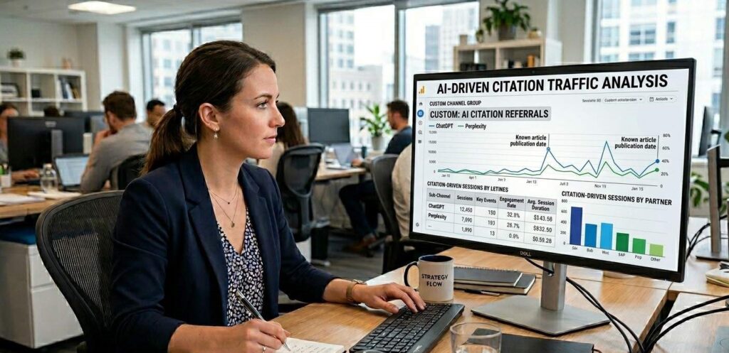 A marketer tracking AI referral traffic in GA4 from ChatGPT and Perplexity using a custom channel group showing citation-driven sessions