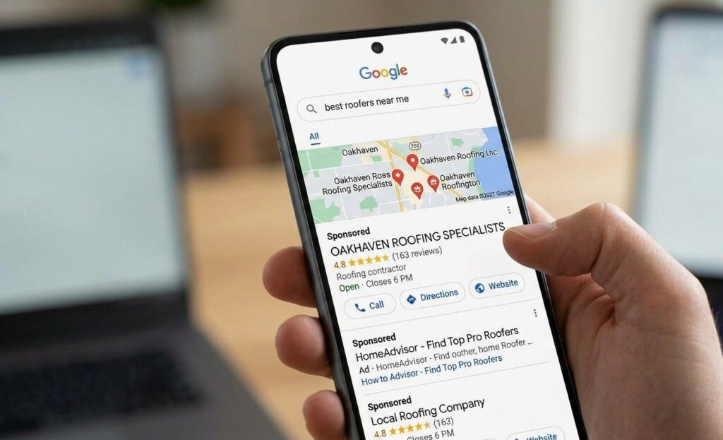 A homeowner on a smartphone finding a local roofing SEO result for roof replacement in their city appearing above a HomeAdvisor directory listing