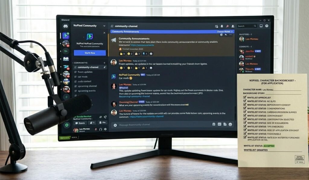 A Discord server screen showing the NoPixel community channel open on a monitor beside a completed whitelist application checklist