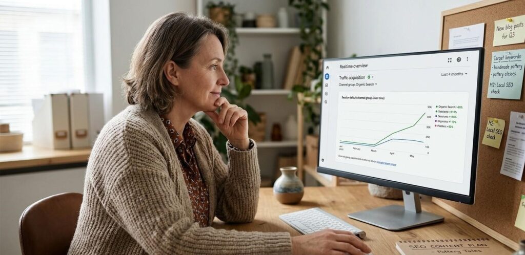 A small business owner checking their first organic traffic results in Google Analytics four months into a new SEO content strategy