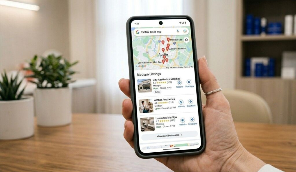 A Google local map pack on a mobile phone showing three medspa listings with star ratings and review counts for a Botox near me search query