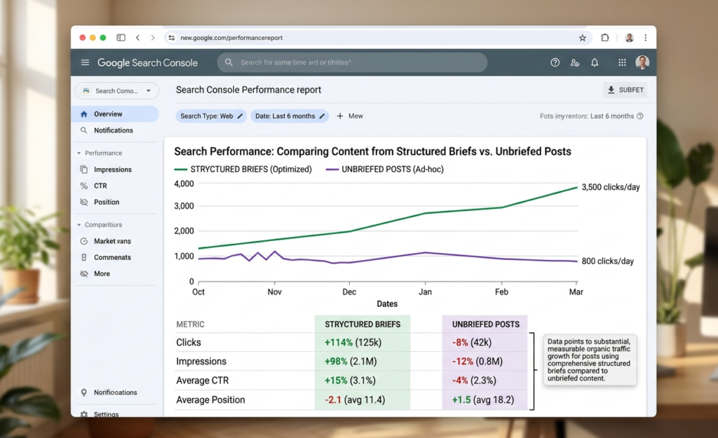 Google Search Console performance report showing organic traffic improvement for posts produced from structured briefs versus unbriefed posts