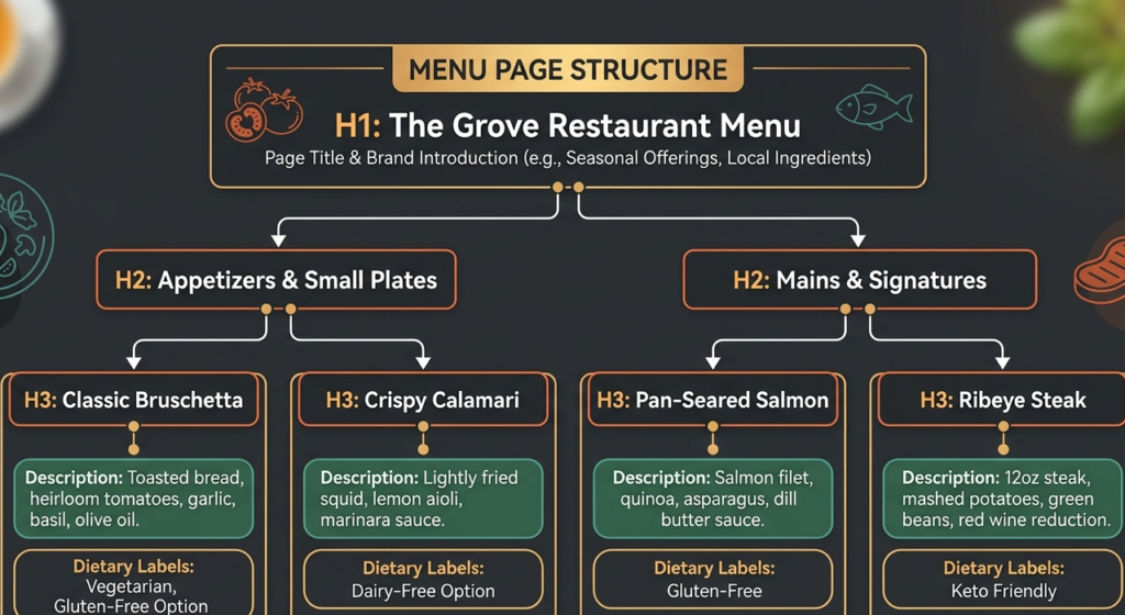 Restaurant menu page structure diagram showing H1, H2 course sections and H3 dish headings with description and dietary label fields