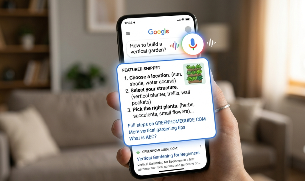Voice search query on a phone resolved by a featured snippet from an AEO-optimized page