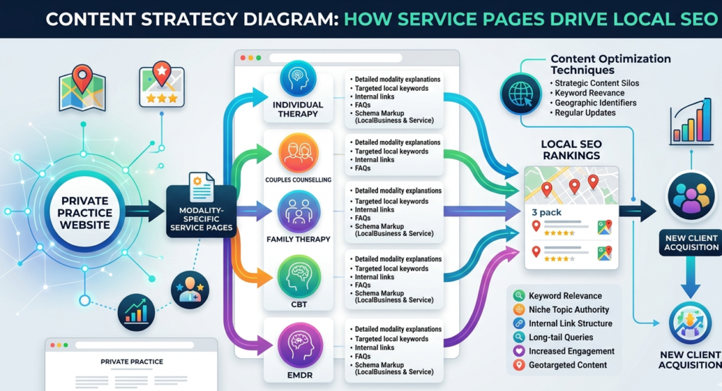 Content strategy diagram showing how modality-specific service pages drive local SEO rankings for private practice