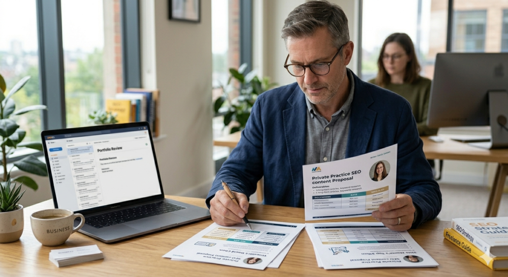 A business owner reviewing freelance writer portfolios and rate proposals spread across a wooden desk