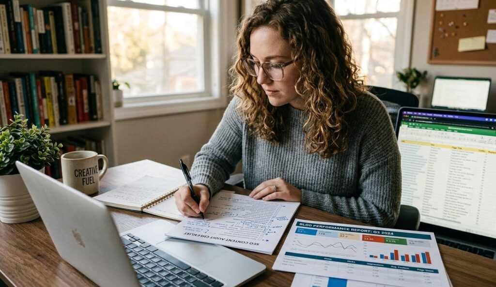 A freelance content writer working on an SEO content audit checklist with handwritten notes and a blog performance report beside the keyboard
