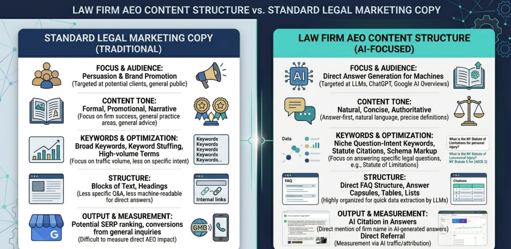 A comparison diagram showing how law firm AEO content structure differs from standard legal marketing copy