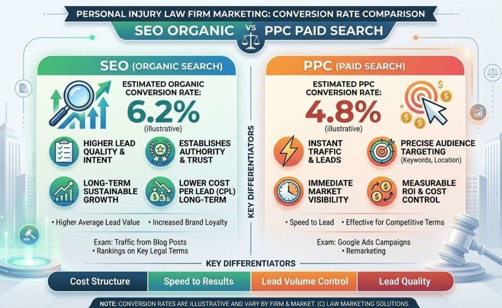 A comparison chart showing personal injury lawyer SEO organic conversion rate versus PPC conversion rate for law firm marketing