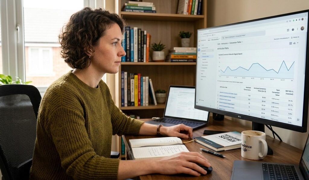 A freelance SEO writer tracking how to measure SEO ROI using assisted conversion paths inside a GA4 attribution paths report