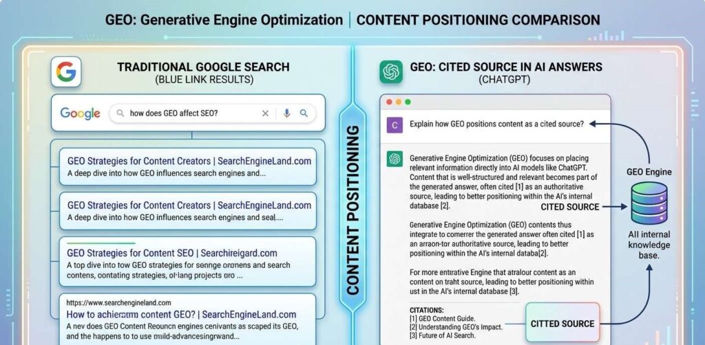 Diagram showing how GEO positions content as a cited source inside a ChatGPT AI-generated answer versus a traditional Google blue-link result
