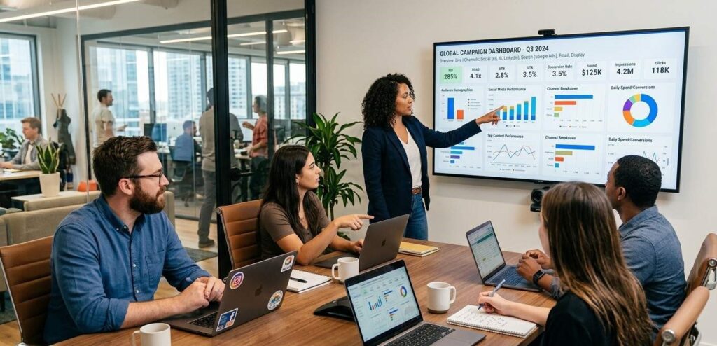 Marketing agency team reviewing a multi-channel campaign dashboard on a shared screen