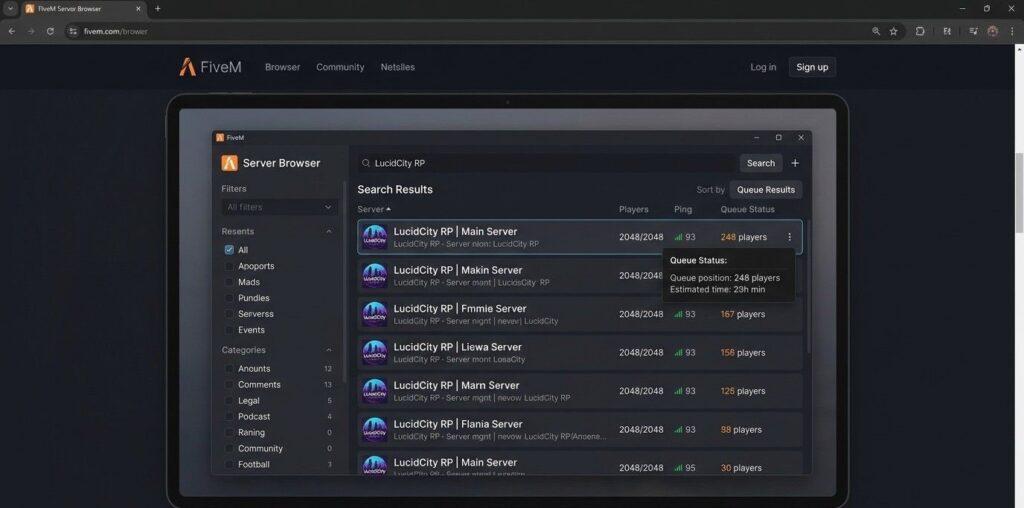 FiveM server browser screen showing LucidCity RP search results and queue status