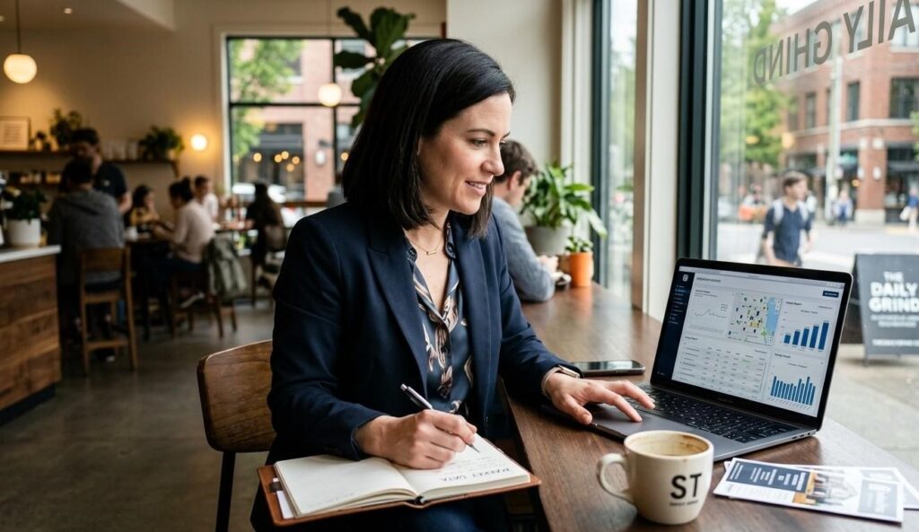 Real estate agent reviewing neighborhood market data on a laptop before a client meeting