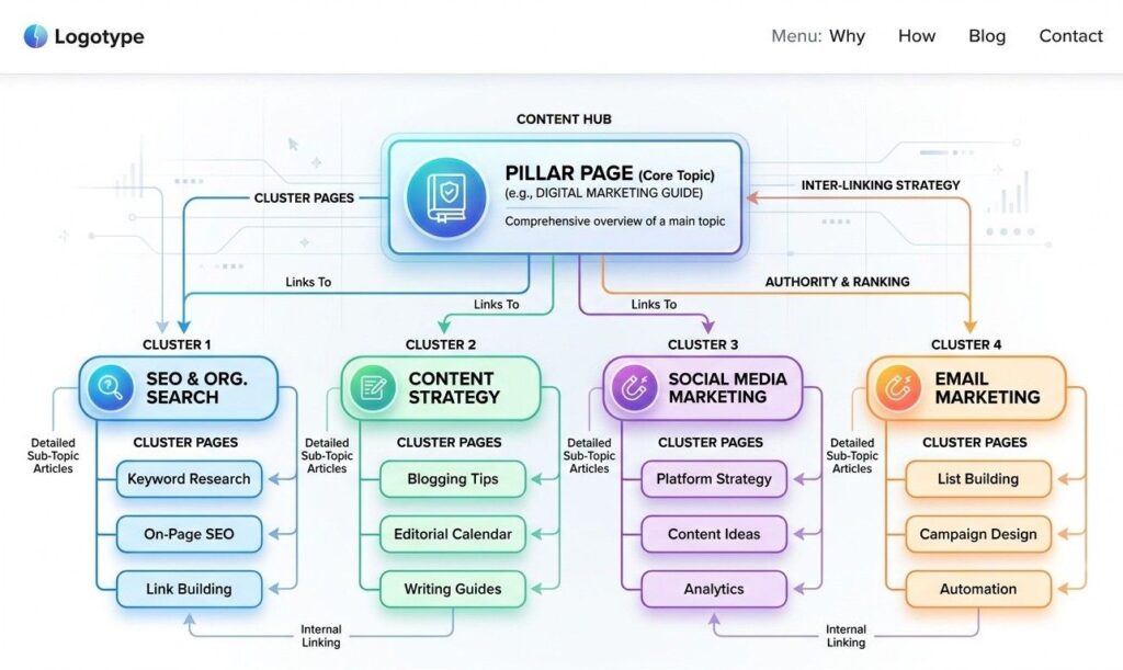 Diagram showing a pillar page linking down to multiple cluster pages in a content hub structure