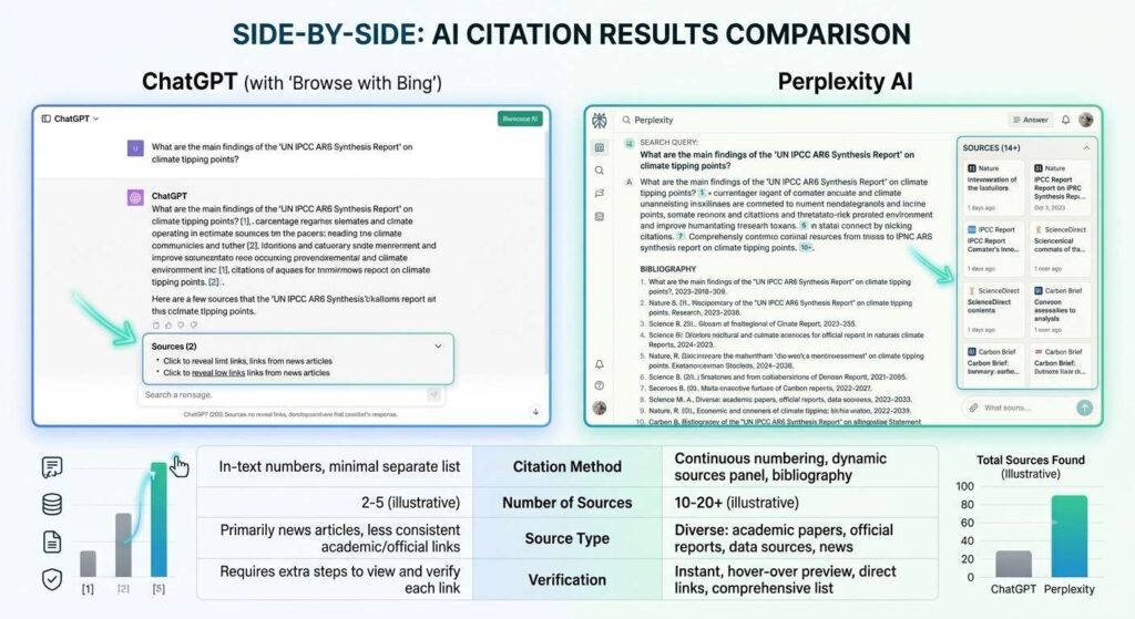 Side by side comparison of ChatGPT and Perplexity citation results for the same search query