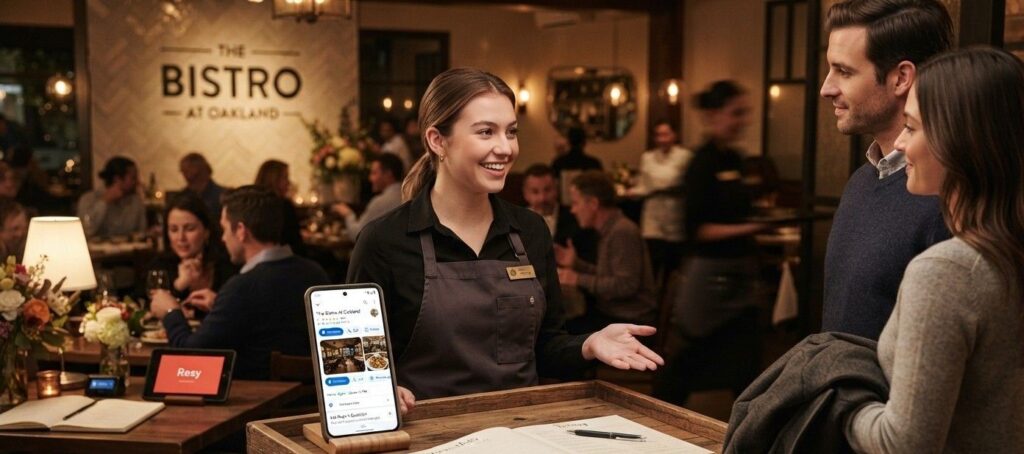Restaurant host stand with a phone showing a Google Business Profile open on Ask Maps