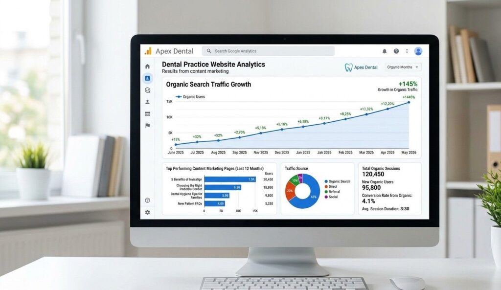 Dental practice website analytics dashboard showing organic search traffic growth over 12 months from content marketing