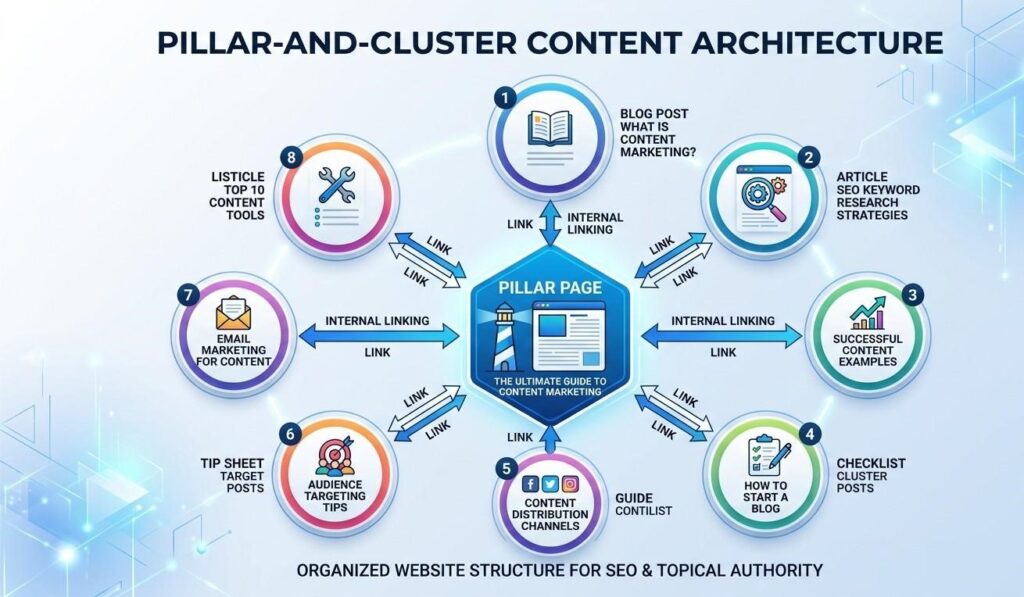 Diagram of pillar-and-cluster Diagram of pillar-and-cluster content architecture showing a central pillar page connected to eight cluster posts with internal linking arrows