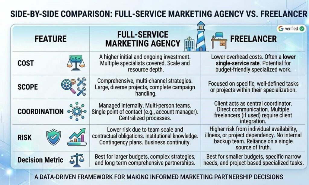 Side-by-side comparison table of full-service marketing agency versus freelancer showing cost, scope, coordination and risk variables