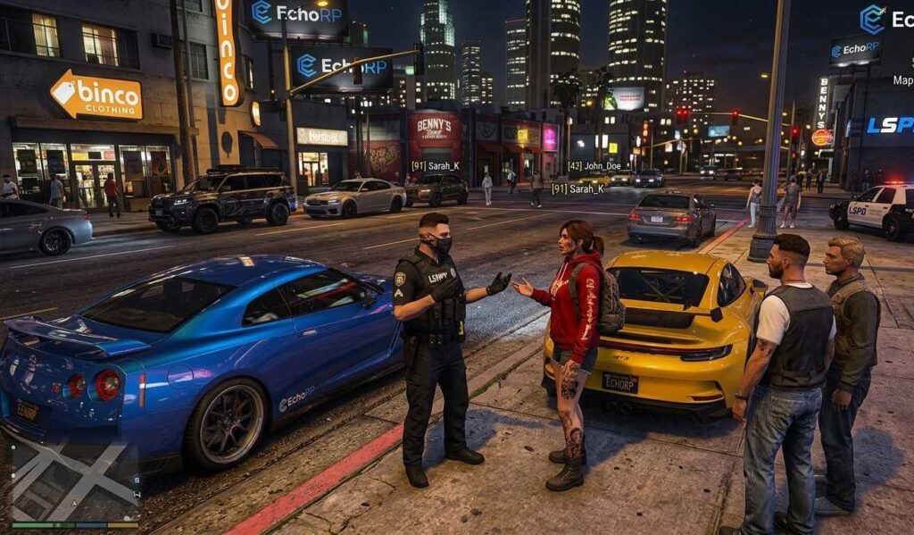 EchoRP FiveM server in-game city street scene showing players in active roleplay with custom vehicles and character clothing