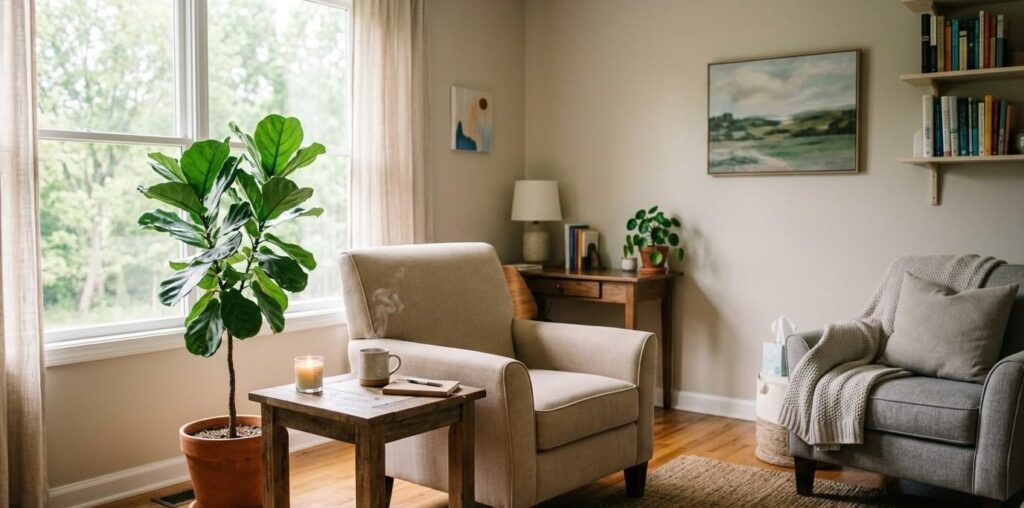 Private therapy practice office with a plant and natural light, representing a welcoming client space