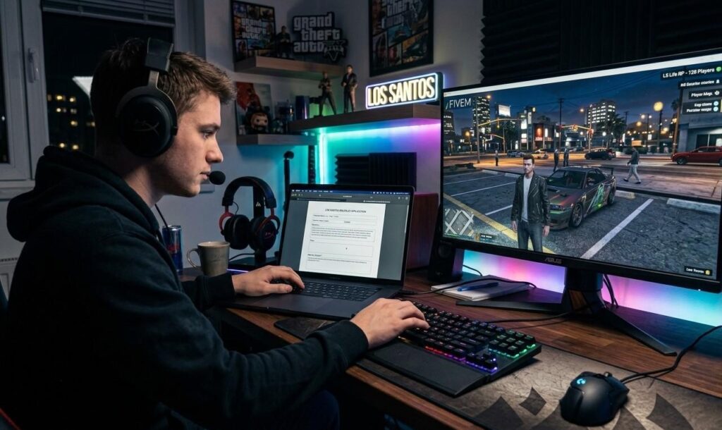 Player writing a GTA RP character application on a laptop with FiveM open on a second screen