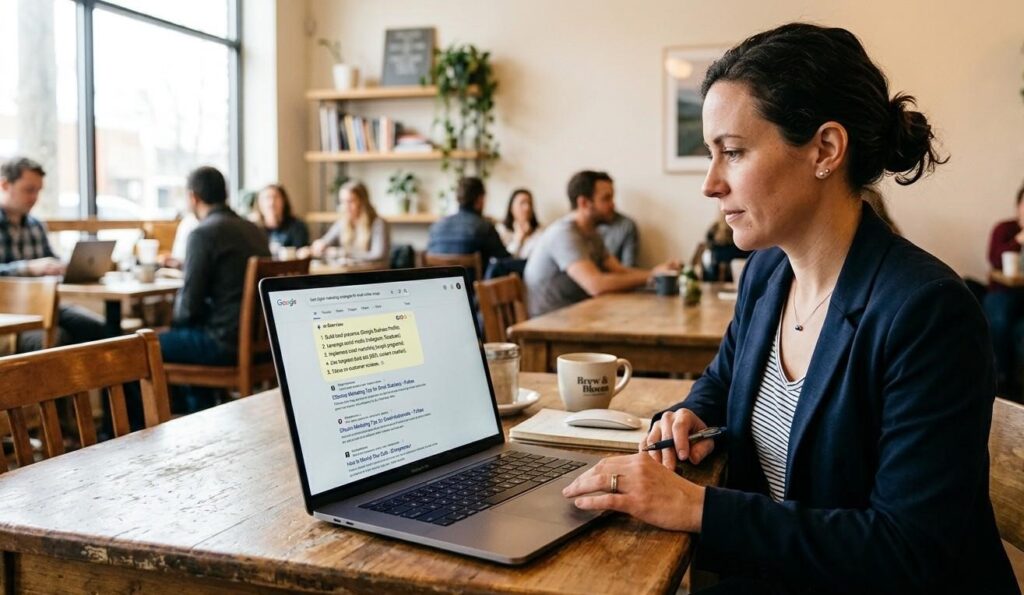 Business owner reviewing a laptop screen showing an AI Overview answer box above search results