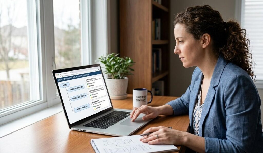 Small business owner reviewing website content structure on a laptop screen for AI citation optimization