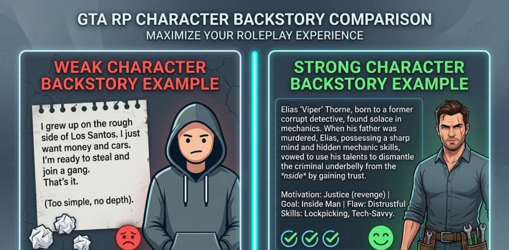 Side-by-side comparison of a weak and strong GTA RP character backstory text example