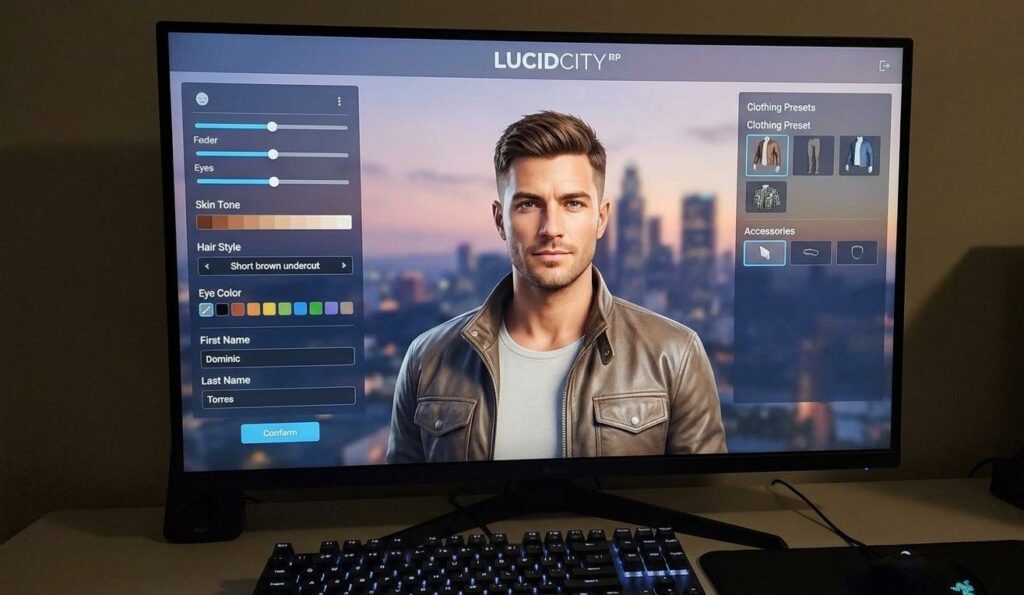 LucidCity RP character creation screen with realistic name and appearance customization options