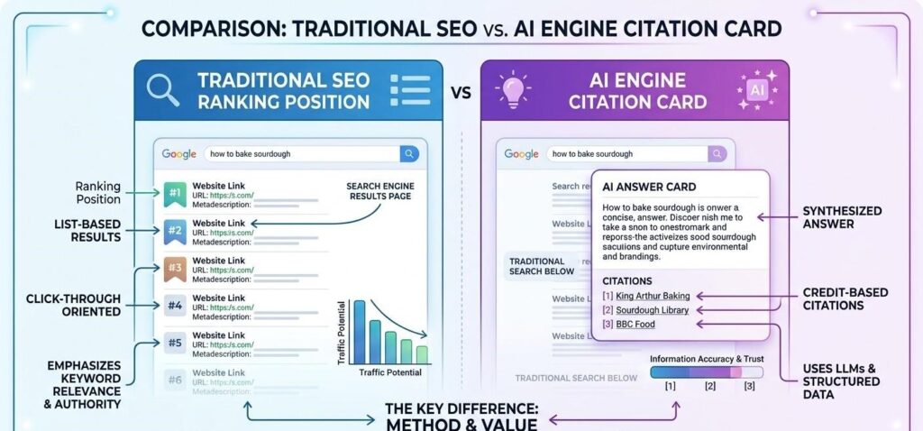 Diagram comparing traditional SEO ranking position against an AI engine citation card