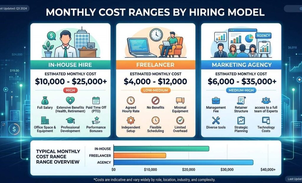 Comparison chart showing monthly cost ranges for in-house hire, freelancer and agency models