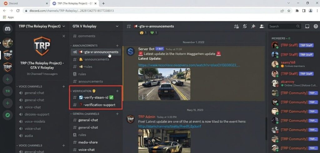 TRP Discord server channel list showing GTA announcements and steam ID verification channels