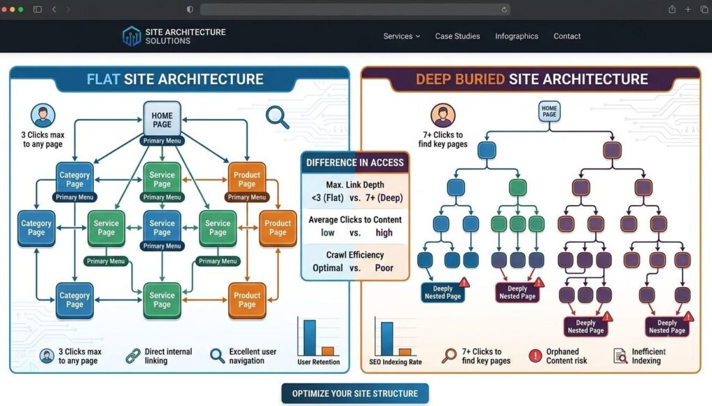 Site architecture chart comparing flat link structure to deep buried page structure