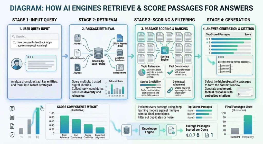 Diagram showing how AI engines retrieve and score content passages before generating an answer
